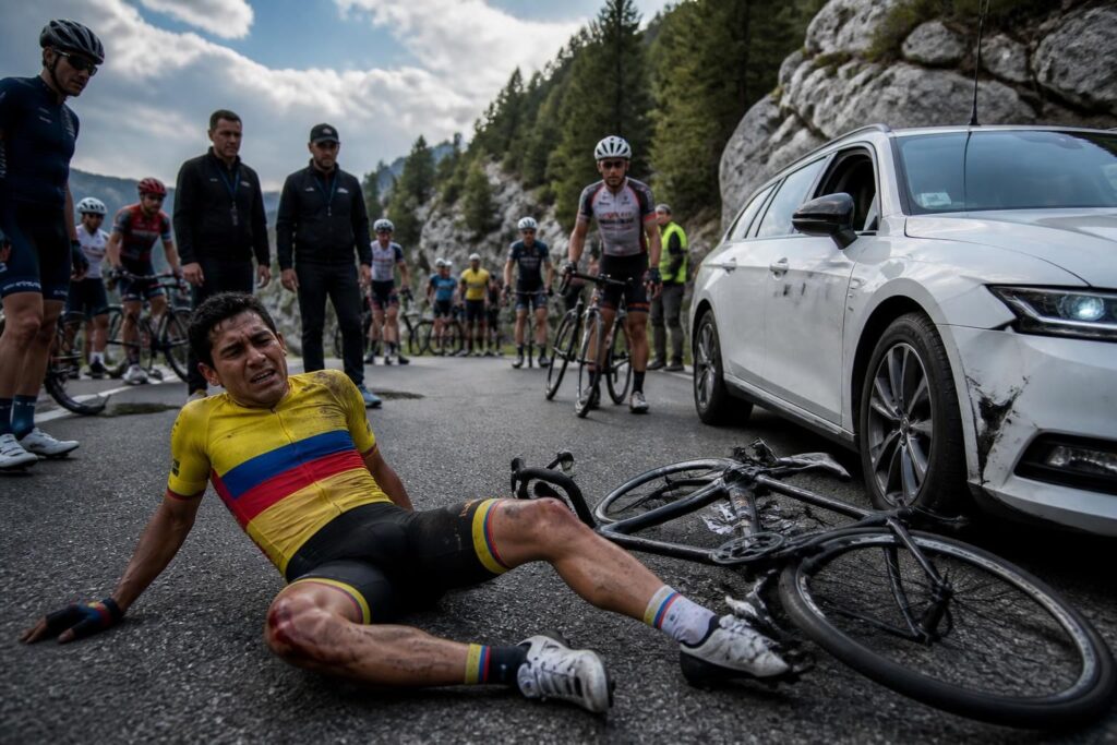 le cycliste colombien rubio est contraint d'abandonner le tour de france suite à une collision avec une voiture sur les pentes de l'alpe d'huez.